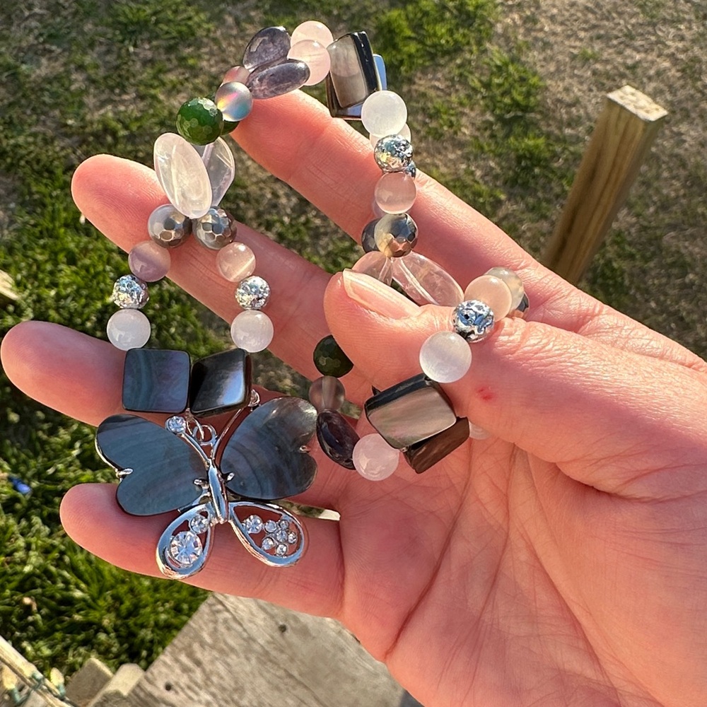 Mystical Mirrors HangCharm (Rose Quartz, Black Iridescent Shell, Canadian Jade)